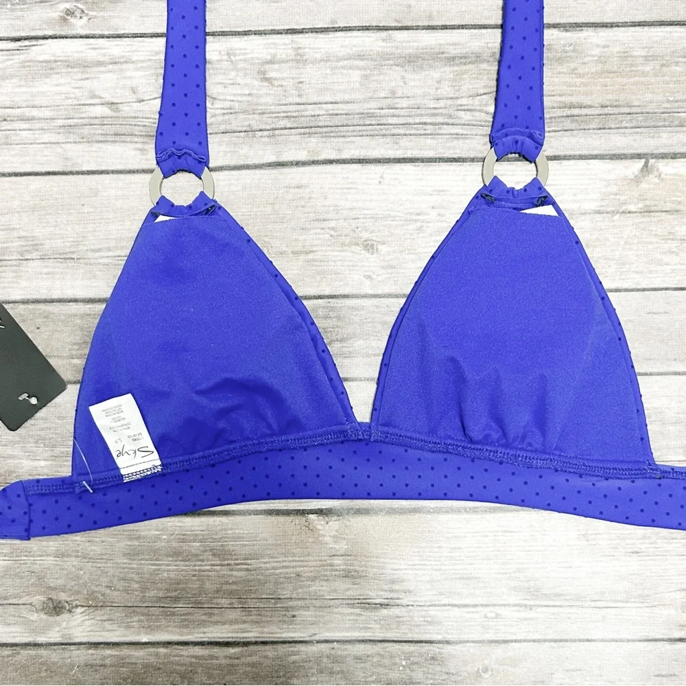 Skye Cobalt Blue Velveteen Polka Dot Halter Wireless Rings Bikini Top NWT Small